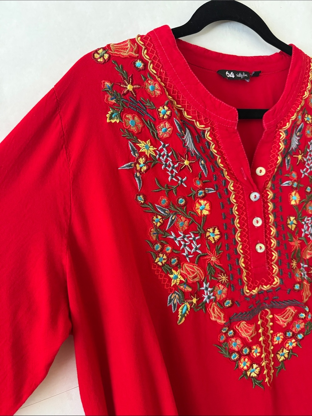 64 Sixty Five Embroidered Tunic Size XXL Red Multicolor Floral Boho Long Sleeve - Picture 5 of 13